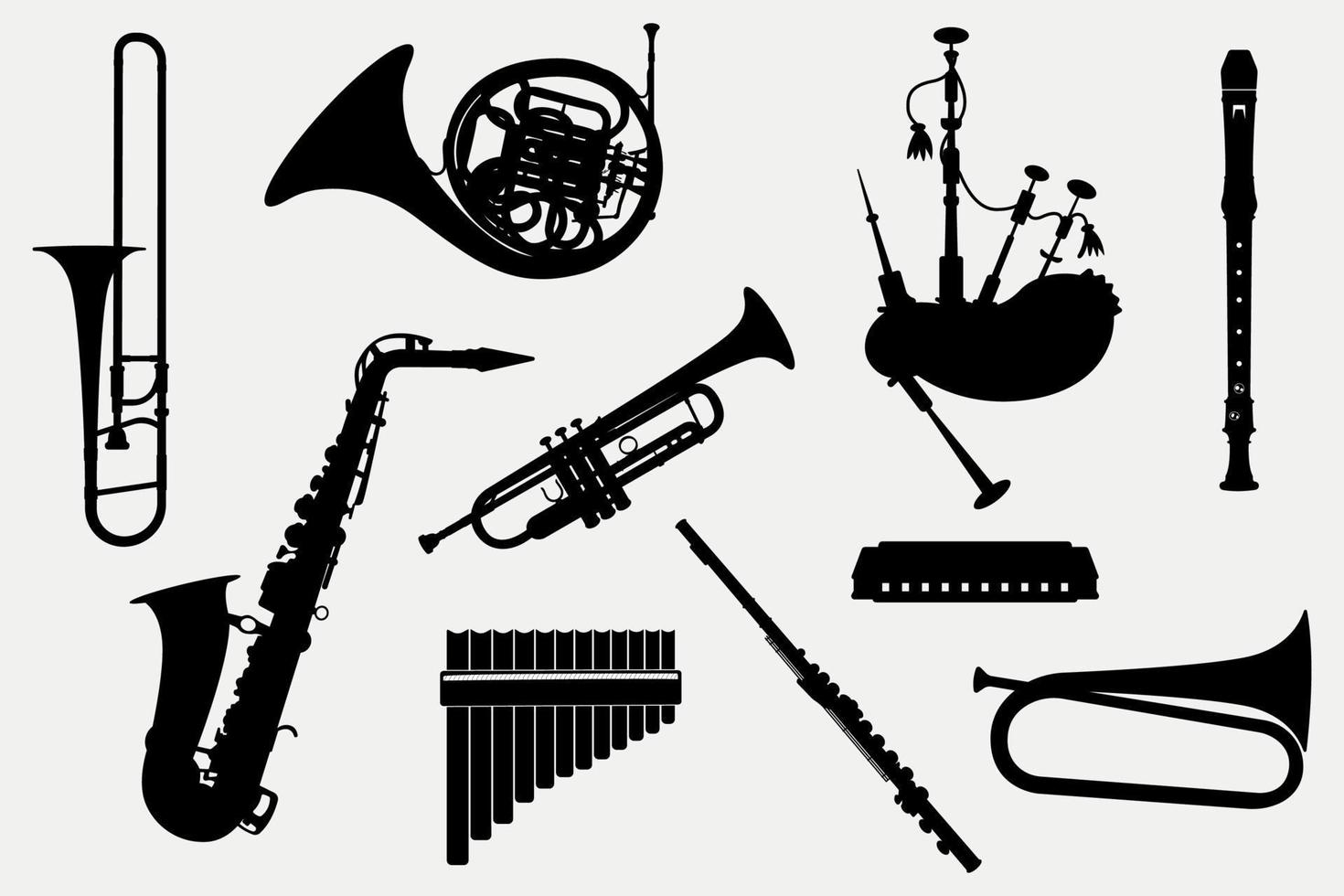 uppsättning av vind musikalisk instrument silhuetter, trumpet, flöjter, säckpipa, munspel och saxofon illustrationer vektor