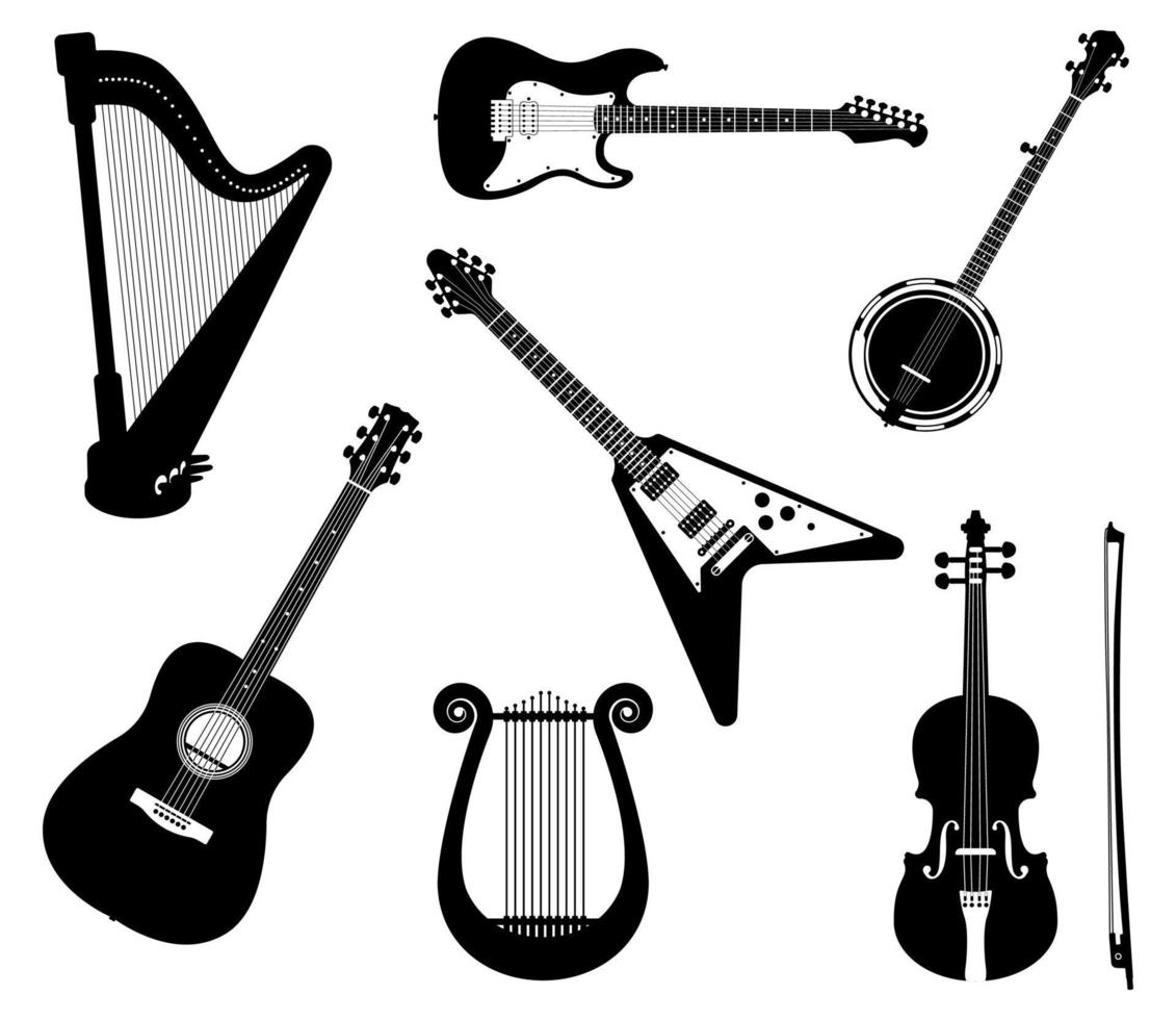 satz von saitenmusikinstrumenten silhouetten, gitarren, banjo, harfe, leier und geigenillustrationen vektor