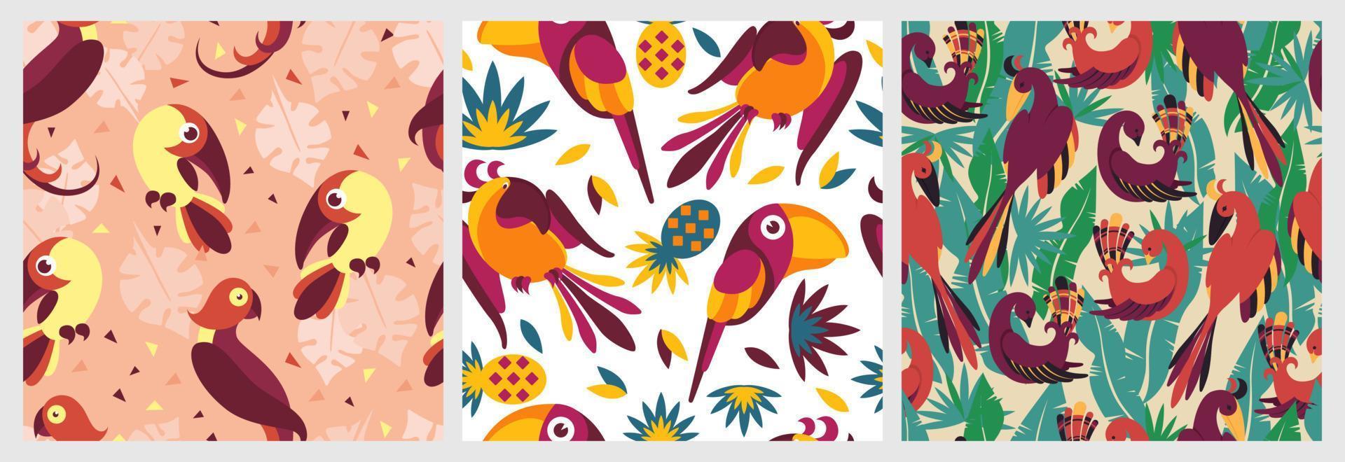 fåglar i djungel mönster sömlös. exotisk kreativ tropisk fåglar toucan fågel av paradis bakgrund färgrik träd löv och abstrakt vektor frukt färgad trendig papegojor på grenar.