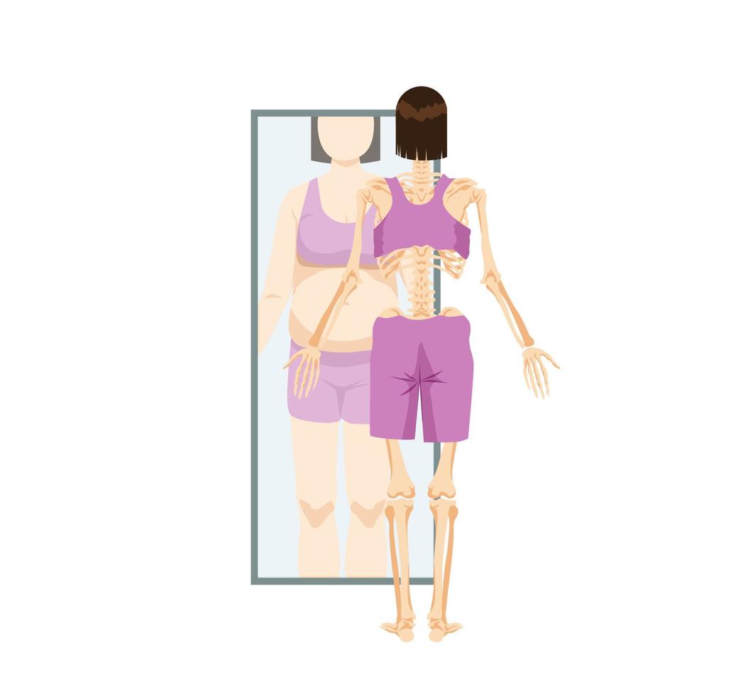 anorexi och fullhet. kvinnors skelett i främre av spegel ser henne reflexion som tjock obsessiv paranoid vikt förlust och mental störningar vektor. vektor