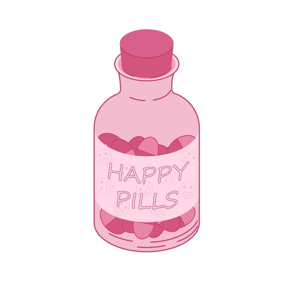 tecknad serie rosa transparent flaska med inskrift Lycklig piller isolerat på vit bakgrund vektor