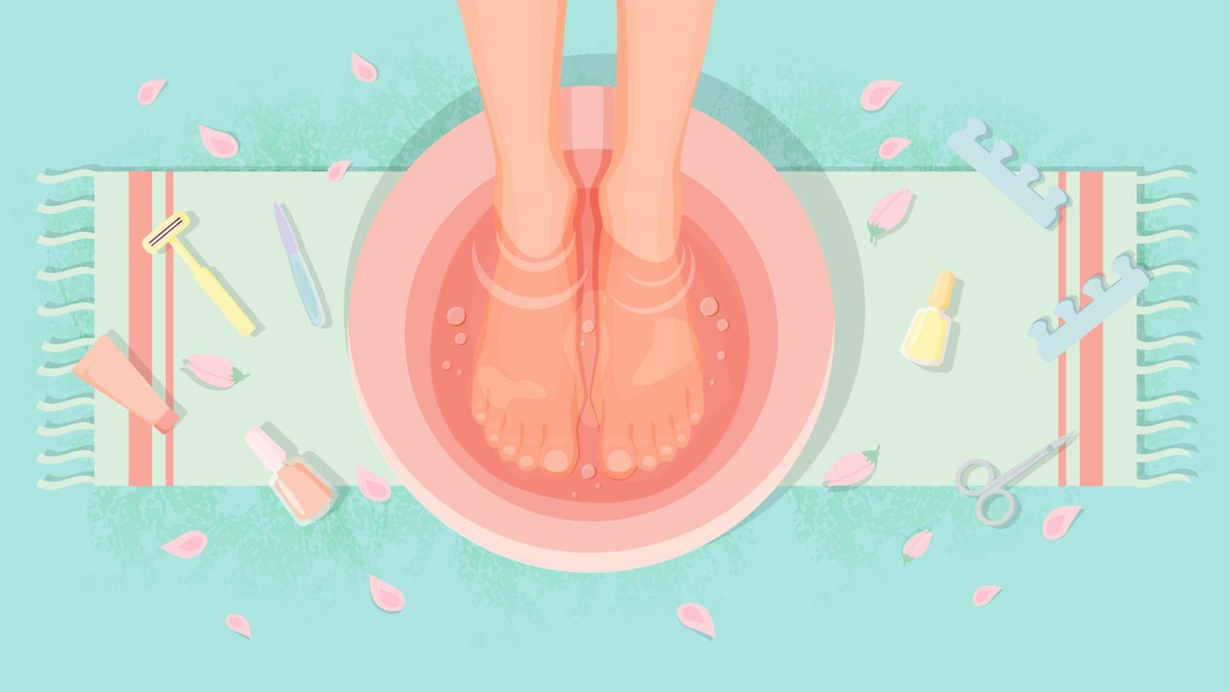 weibliche füße im bad mit wasser während der flachen illustration des pediküre-aromavektors. Frau Fuß Schönheitspflege Verfahren umgeben von Kosmetologie-Tools. Hygiene-Spa-Relax-Prozess vektor