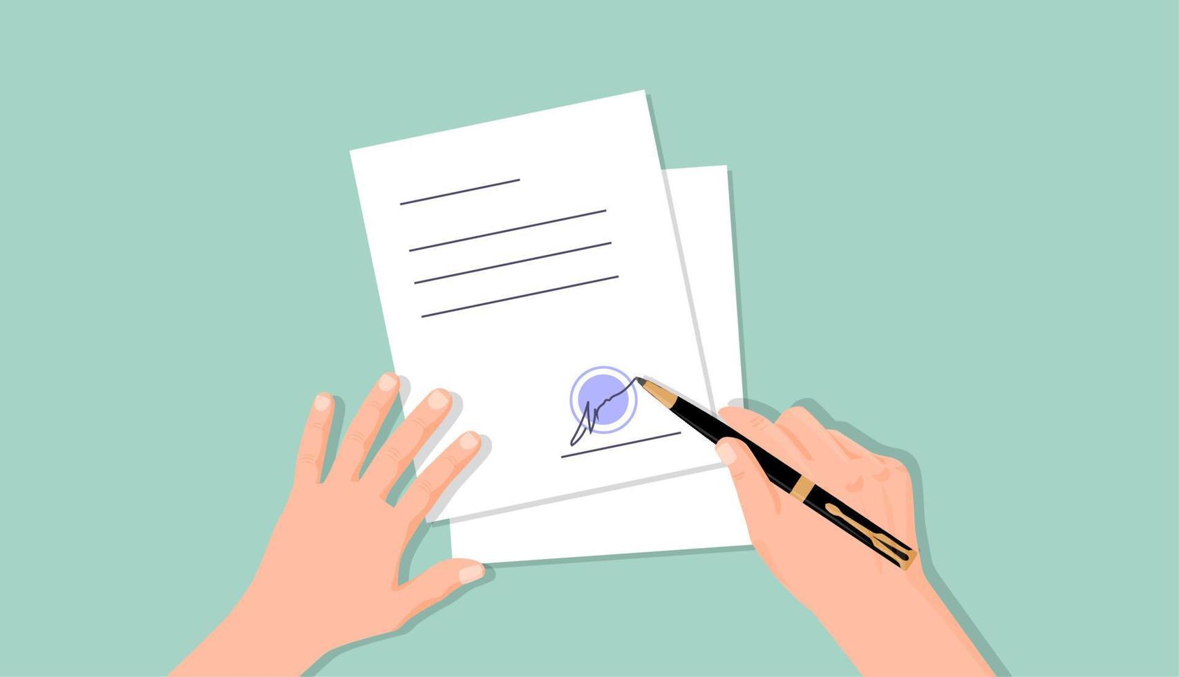 Hände unterschreiben das Dokument. Dokumentarbeitsvertrag offiziell beglaubigte Unterschrift und blaues Siegel, Symbolvertrag Beschäftigung und Finanzpartnerschaft Unternehmensdarlehen Vektorangebot. vektor