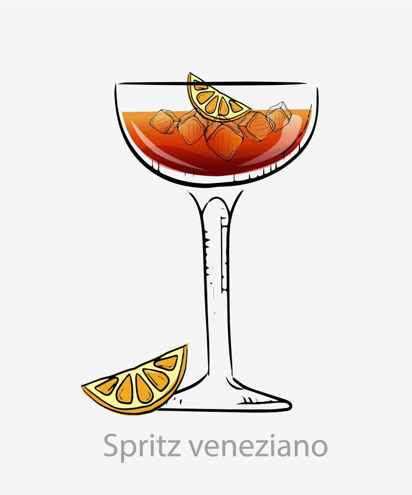 cocktail veneziano spritsa. orange cocktail is kuber skiva orange lång dryck alkoholhaltig vit vin campari soda, eras grogg vektor glas, kategori drycker ny epok.