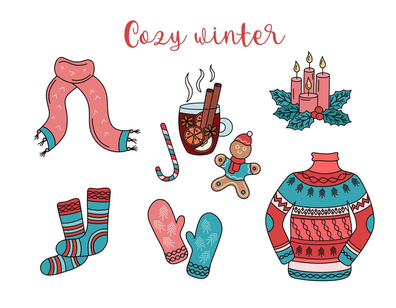 gemütliche Winterdoodle-Designelemente. Hygge-Set. weihnachtspullover, warme kleidung, kerzen und süßigkeiten isoliert. niedliche handgezeichnete vektorbunte illustration von gestrickten dingen mit verzierung vektor