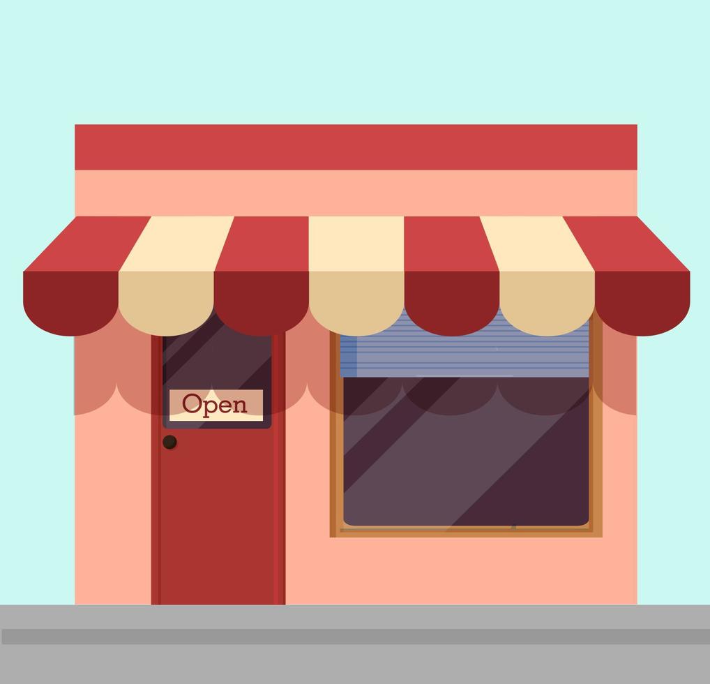 Abbildung des offenen Ladens. cartoon einkaufskiosk mit weißer und roter markise offen für besucher information hängende nachricht an türen des cafés einfache effektive vektorwerbung. vektor