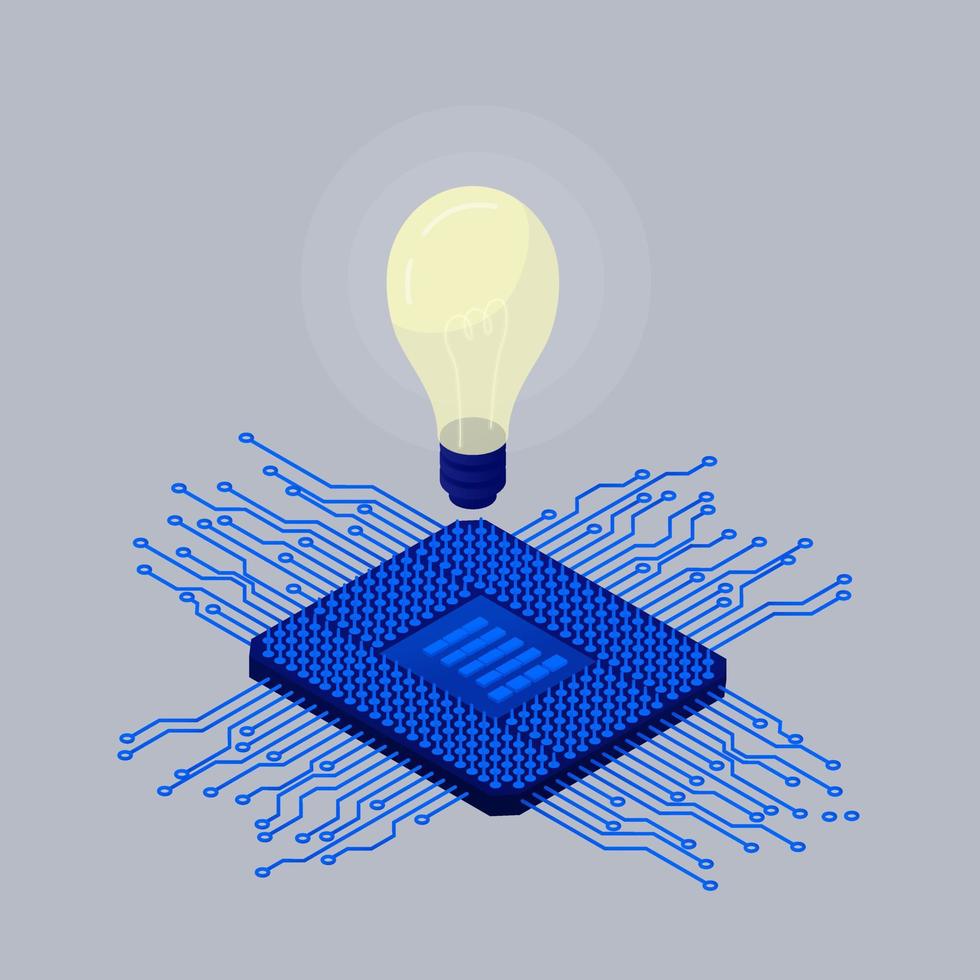 Idee der Verstärkung des Computerprozessors. moderner blauer digitaler Chip mit brennendem Licht darüber. vektor