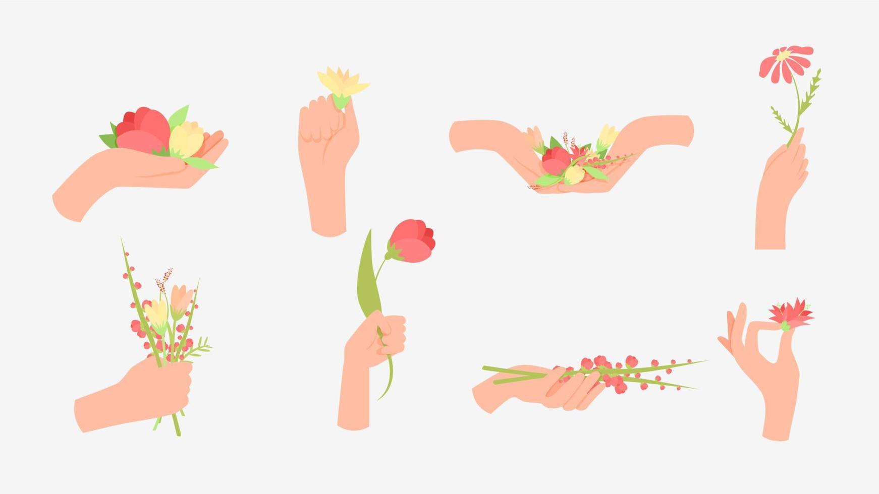 uppsättning av mänsklig händer med färgrik sommar blommor isolerat på vit bakgrund. samling av vapen innehav blomning buketter eller klasar vektor grafisk illustration. tecknad serie blommig dekorativ gåva