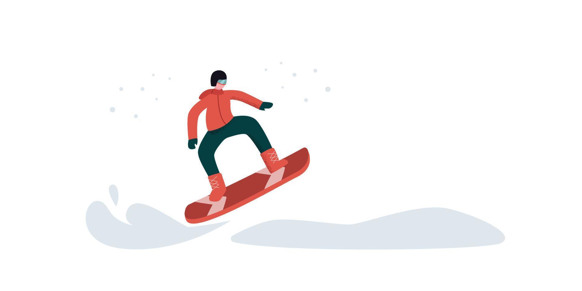 ein mann beschäftigt sich mit snowboarden. das Konzept eines Snowboarders, der schnell über schneebedeckte Weiten fliegt. illustration eines extremen und aktiven lebensstils, sport. vektor