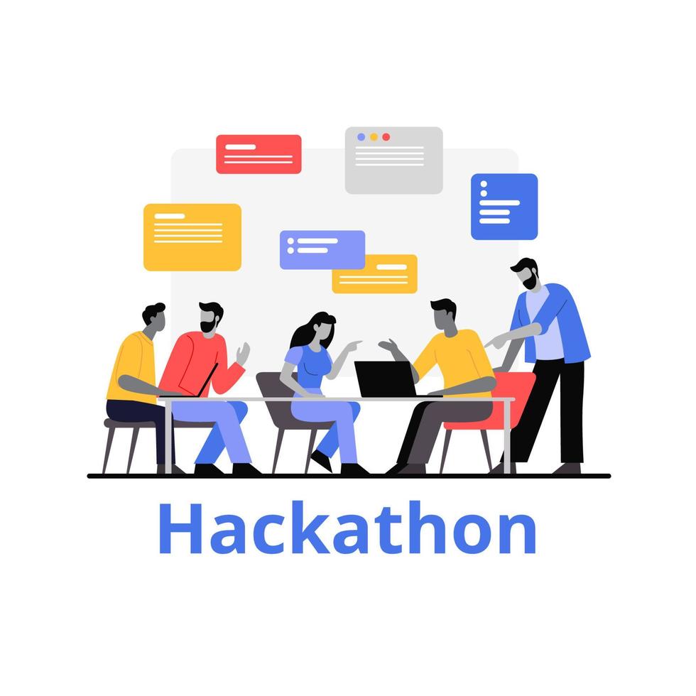 leute, die hackathon-vektor-flachillustration zusammenarbeiten. Programmierer arbeiten mit Daten vektor