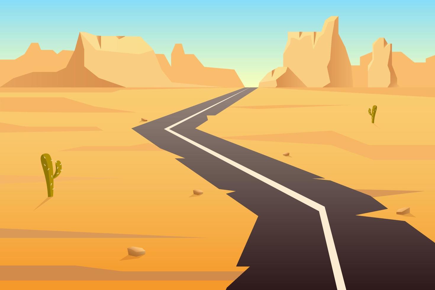 lindning motorväg i öken. gammal asfalt väg gående genom gul sandstrand med kaktusar vektor