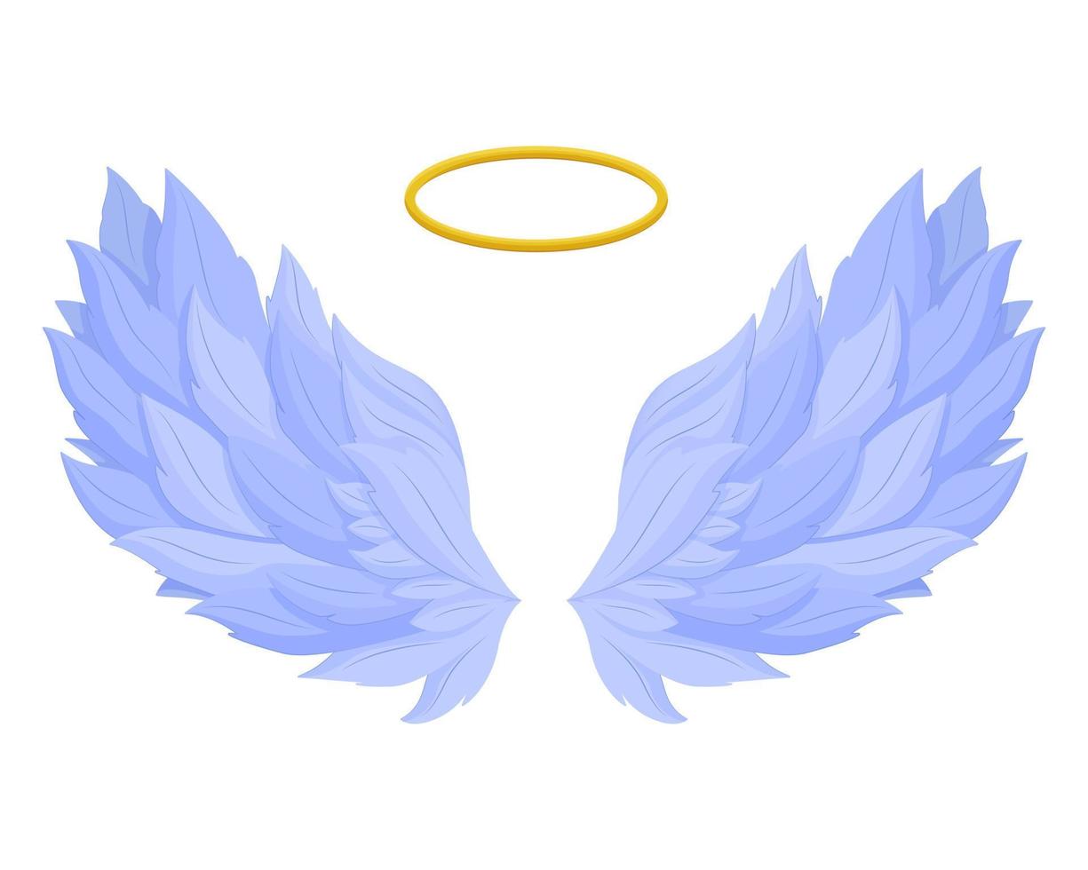 Engelsflügel mit Nimbus. heilige himmlische freiheit blaue flügel mit goldener krone in der mitte. vektor