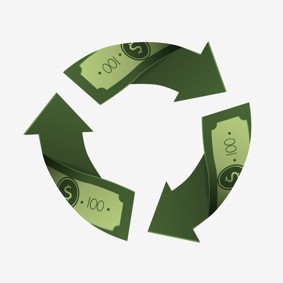 USD pengar cirkel återvinna förbi tre pilar vektor grafisk illustration. kontanter dollar valuta konvertera, flöde, utbyta, omlopp, ekonomisk och finansiera begrepp isolerat på vit bakgrund