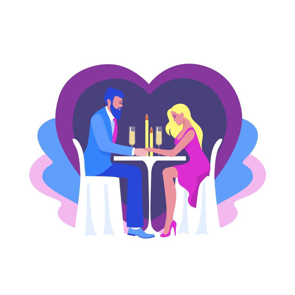 tecknad serie man och kvinna njuter romantisk par middag fira hjärtans dag vektor