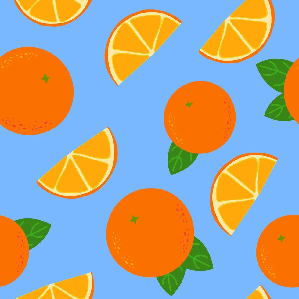 orangen und mandarinen nahtloses muster. ganze und orangefarbene Zitrusscheiben mit grünen Blättern frisches Bio-Obst mit Vitaminen Spurenelementen dekoratives Blumenornament auf blauem Vektorhintergrund. vektor