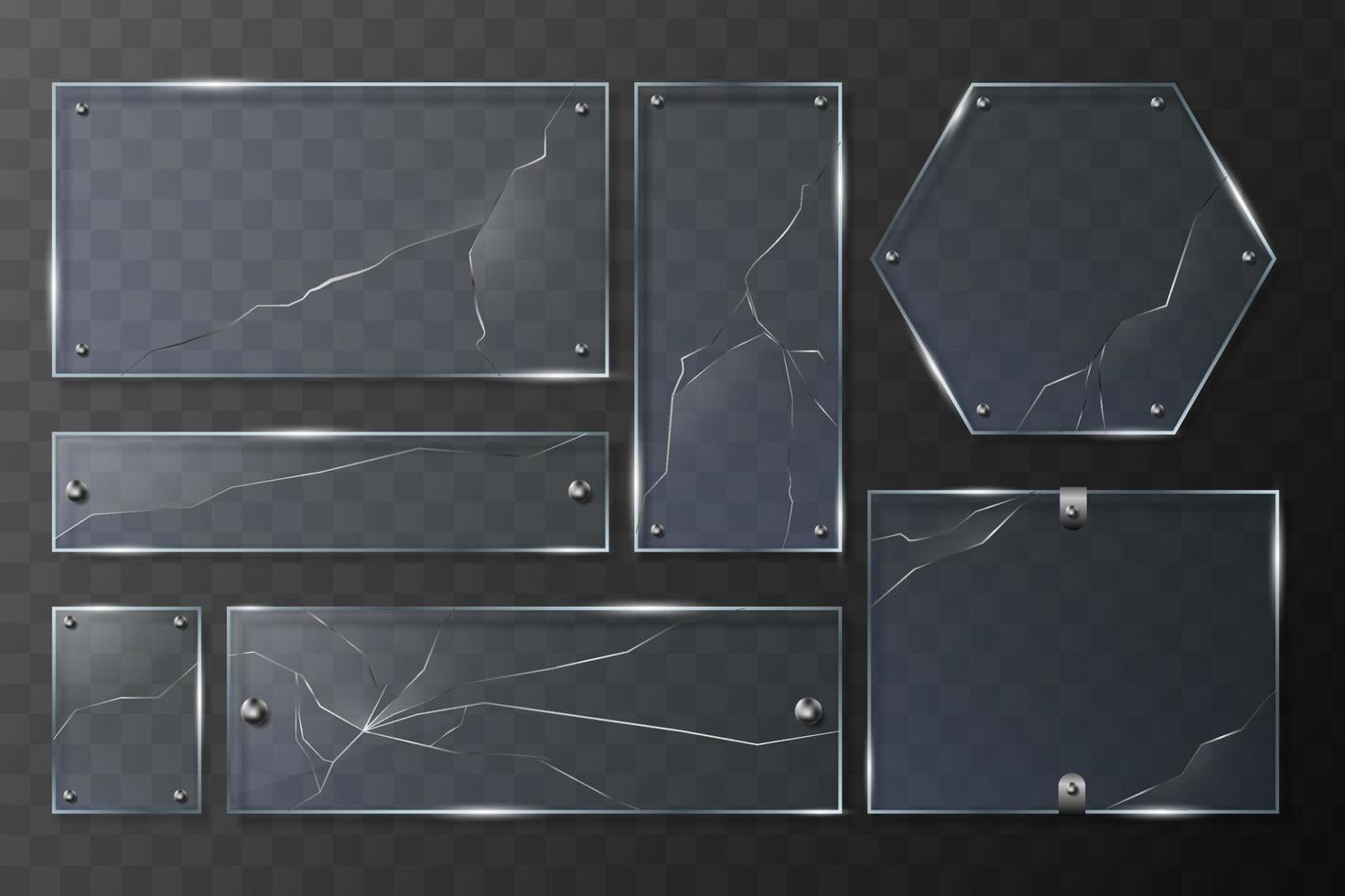 knäckt geometrisk glas isolerat baner. transparent bruten speglar efter olycka och vandalism vektor