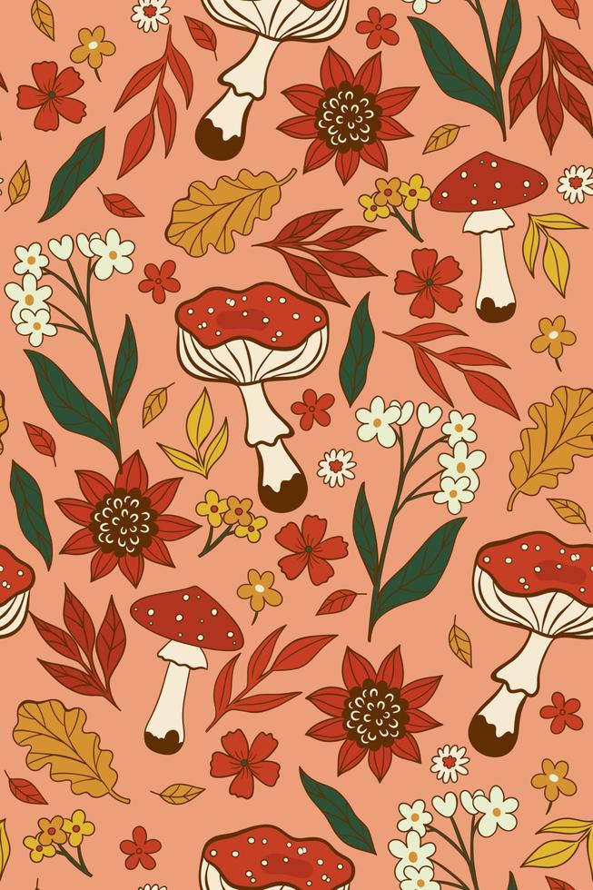 sömlös mönster med flyga agaric, löv och blommor. vektor grafik.