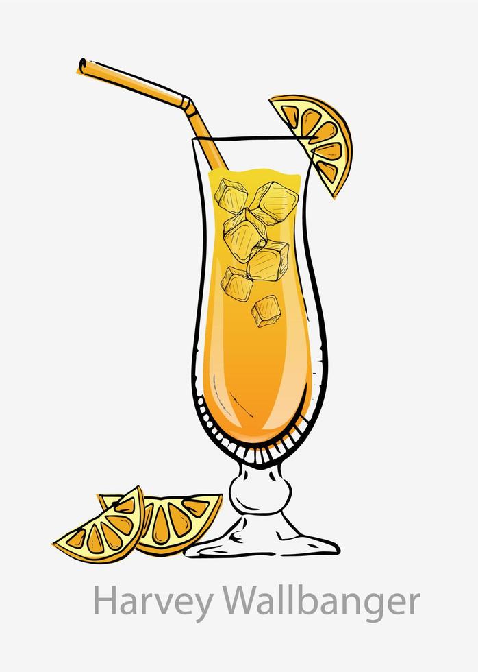 Harvey Cocktail Volbenger. gelbe Cocktail-Eiswürfel Orangenscheibe Strohhalm, den ganzen Tag auf Wodka basierendes alkoholisches Getränk Orangensaft Galliano-Likör serviert Highball-Glas-Eisvektor klassische moderne Kategorie. vektor