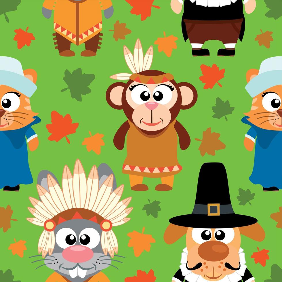 Thanksgiving nahtloser Hintergrund mit lustigen Tieren, Vektor