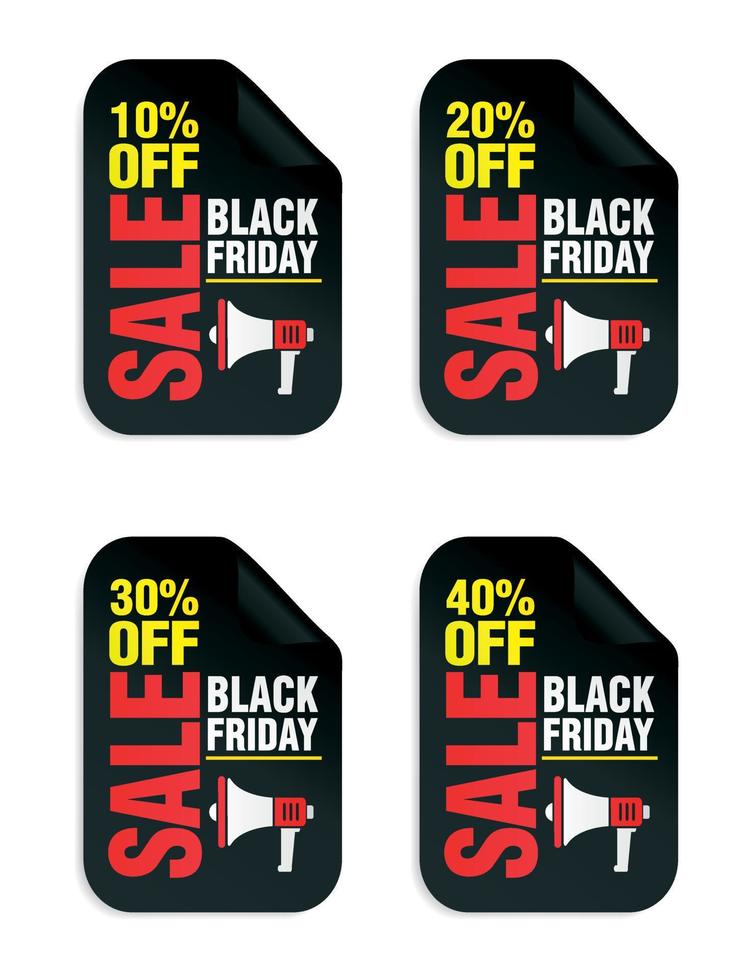 satz verkaufsaufkleber am schwarzen freitag. Black Friday Sale 10, 20, 30, 40 mit Megaphon vektor