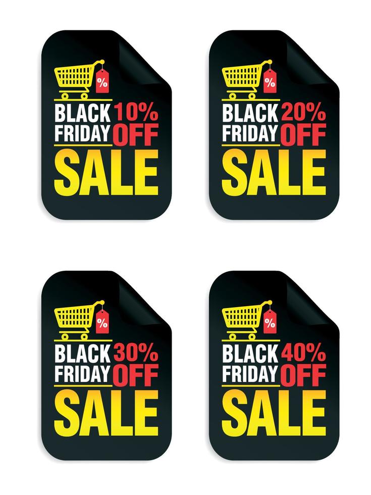 satz verkaufsaufkleber am schwarzen freitag. Black Friday Sale 10, 20, 30, 40 Rabatt mit Einkaufswagen vektor