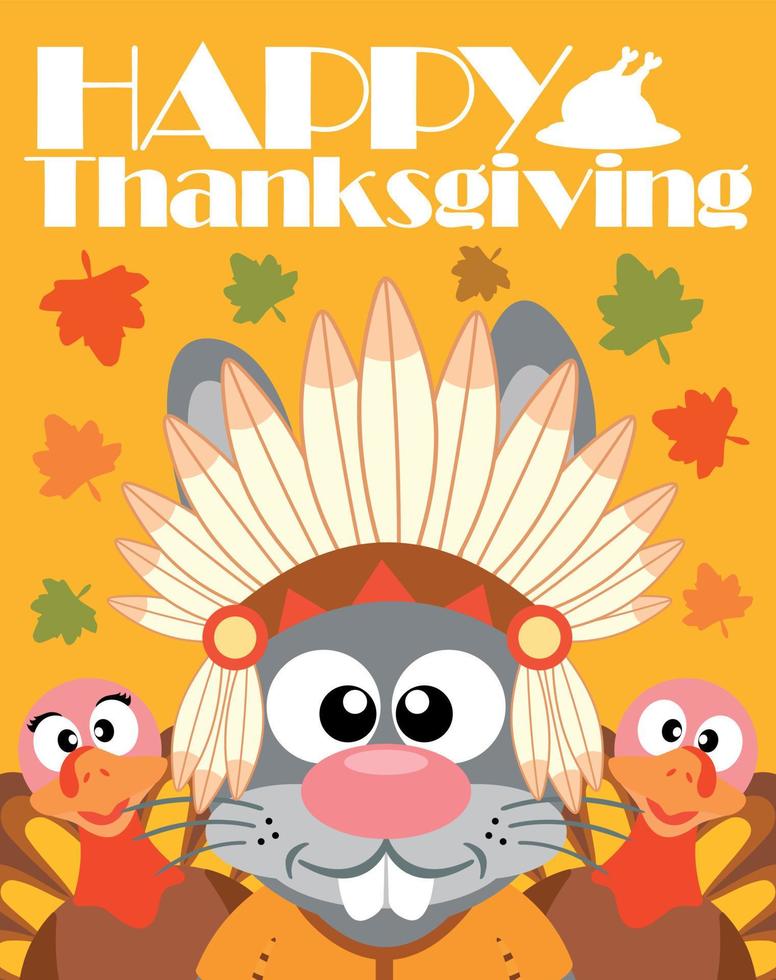 Happy Thanksgiving Day Hintergrund, mit Kaninchen-Indianer und zwei Truthahn vektor