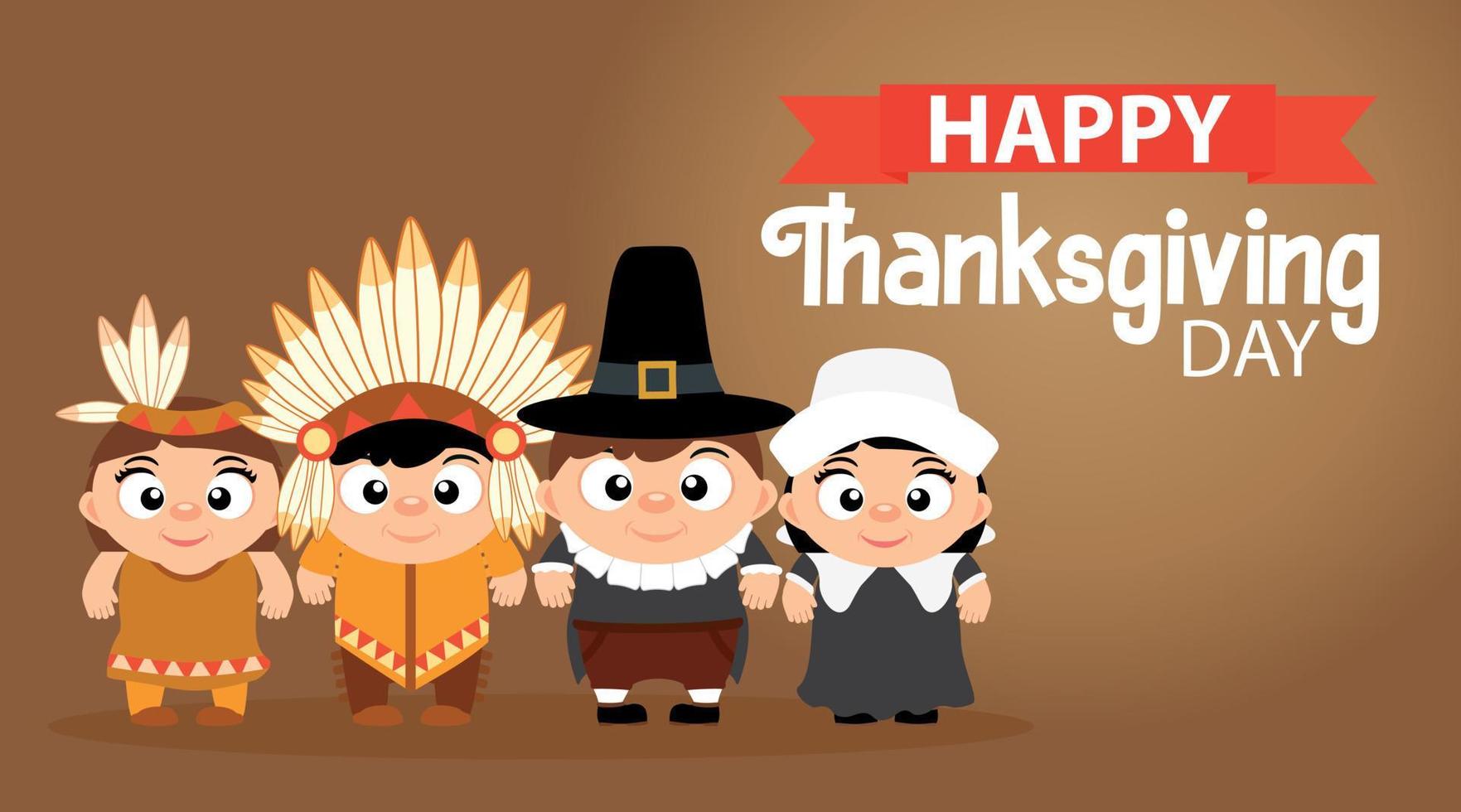 Happy Thanksgiving, Grußkarte, Poster oder Flayer für den Urlaub. lustiger Thanksgiving-Pilgerjunge, Mädchen und indischer Junge, Mädchen vektor