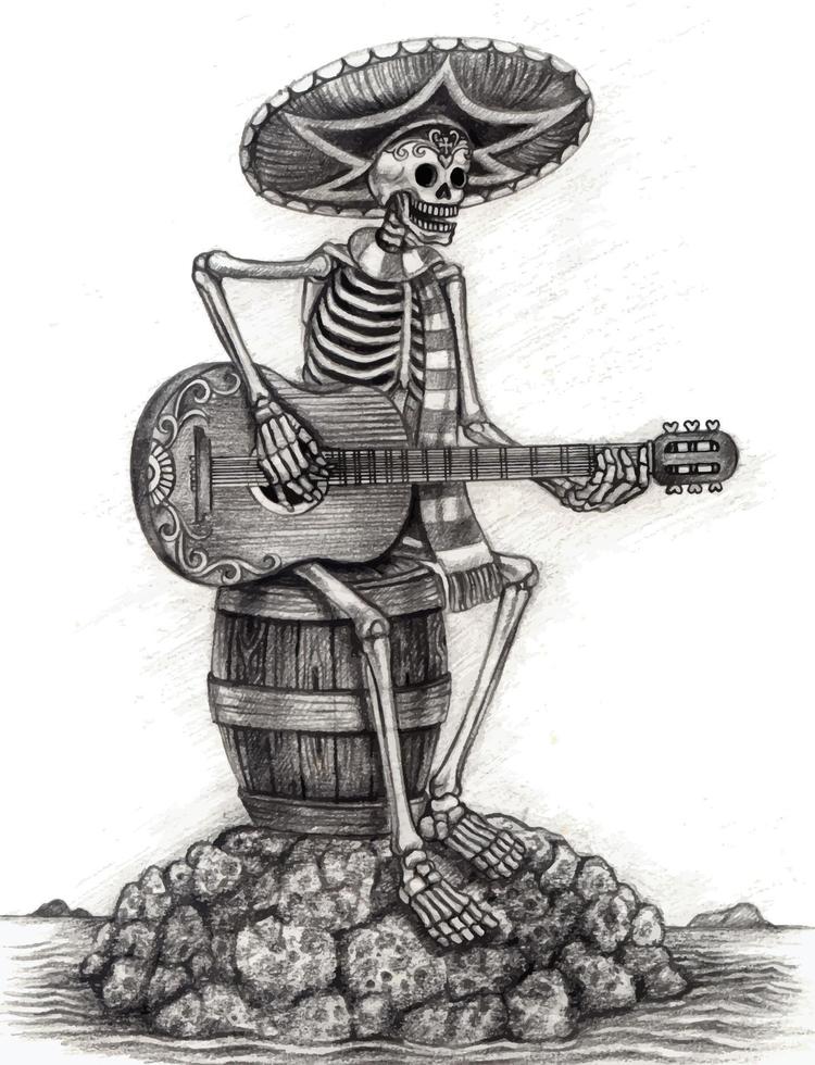 Kunst mexikanischer Schädel, der Gitarre auf der Insel spielt. handzeichnung und grafikvektor machen. vektor