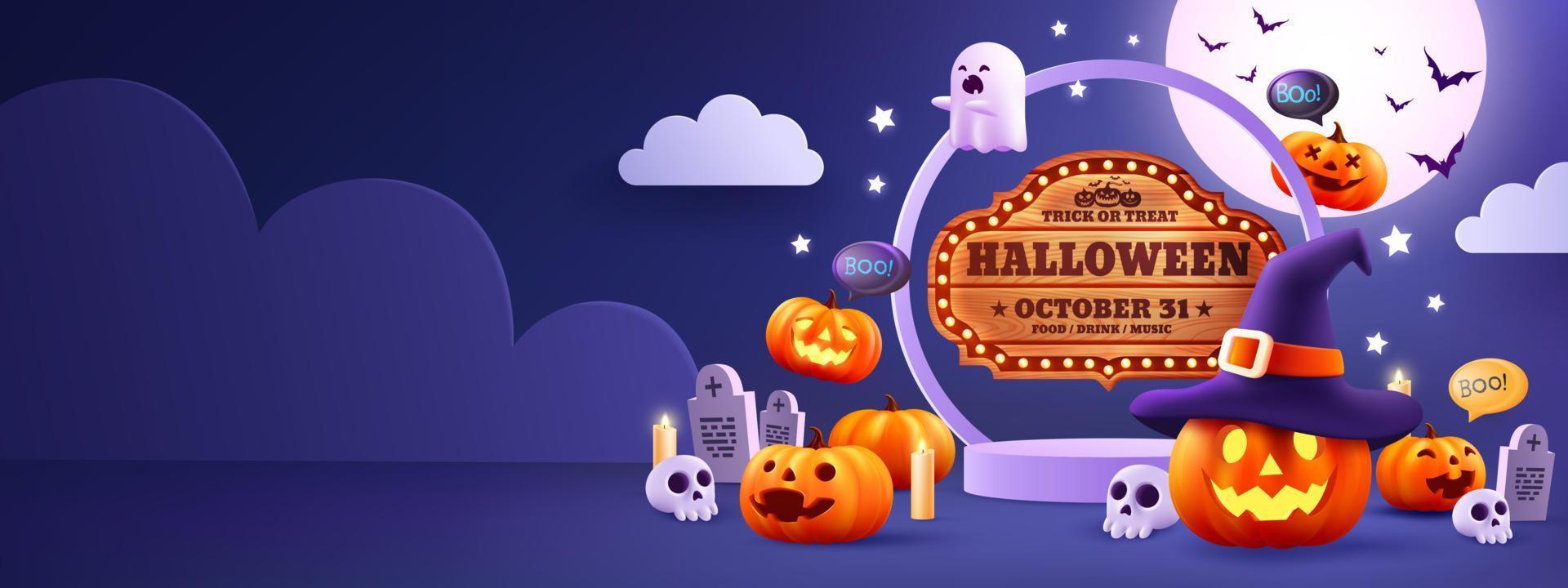 halloween befordran affisch eller baner mall.halloween natt sett med stor måne, pumpa spöke, trollkarl hatt, söt spöke, tecknad film skalle och halloween element. hemsida läskigt eller baner mall vektor