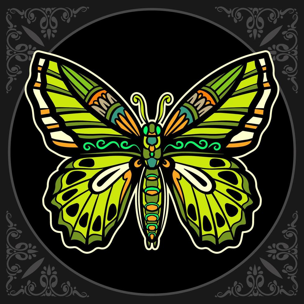 bunte schöne Schmetterlings-Mandala-Kunst. isoliert auf schwarzem Hintergrund vektor