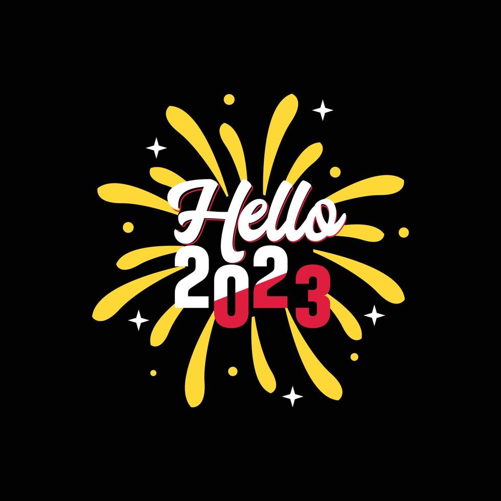 hallo 2023 t-shirt design kann für frohes neues jahr t-shirt modedesign, neujahr typografie design, kitty fluchen kleidung, t-shirt vektoren, aufkleberdesign, grußkarten, nachrichten und tassen verwendet werden vektor