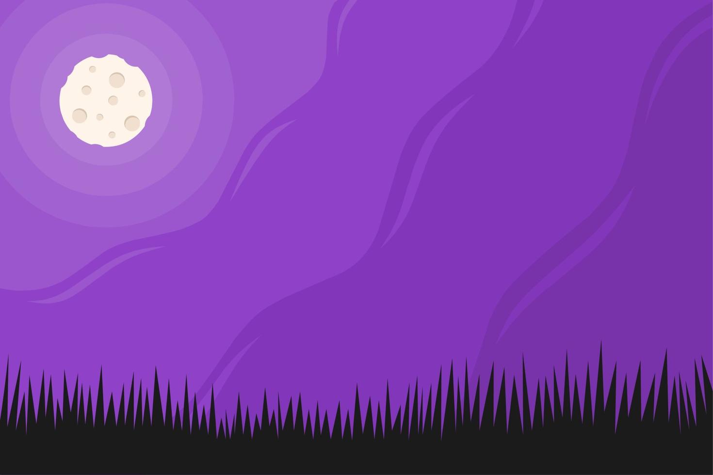 Nachtgraslandschaft mit violettem Himmel und hellem Vollmond vektor