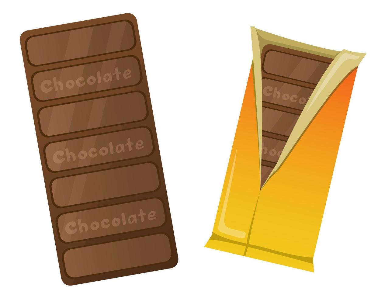 choklad i en gul omslag. en utsökt bar av choklad. choklad sötsaker. vektor illustrationer på en vit bakgrund.