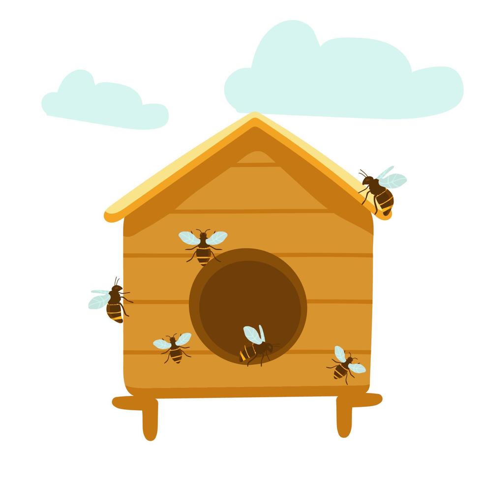gelber Bienenstock auf weißem Hintergrund. Bienenstock isolieren. Aktienvektorillustration des Bienenhauses mit einem kreisförmigen Eingang. Insektenleben in der Natur. Bienen in der Nähe des Bienenstocks. vektor