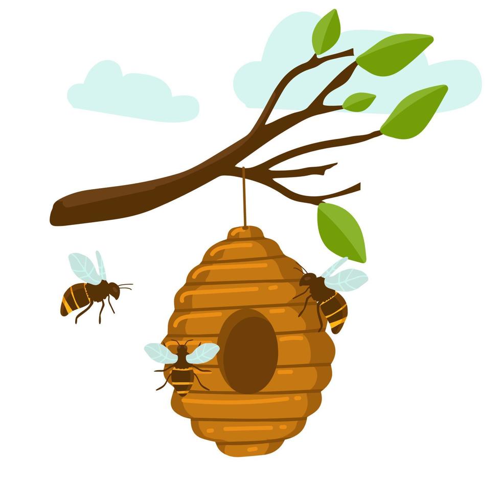 gelber Bienenstock auf weißem Hintergrund. Bienenstock isolieren. Aktienvektorillustration des Bienenhauses mit einem kreisförmigen Eingang. Insektenleben in der Natur. Bienen in der Nähe des Bienenstocks. Bienenstock in einem Ast vektor