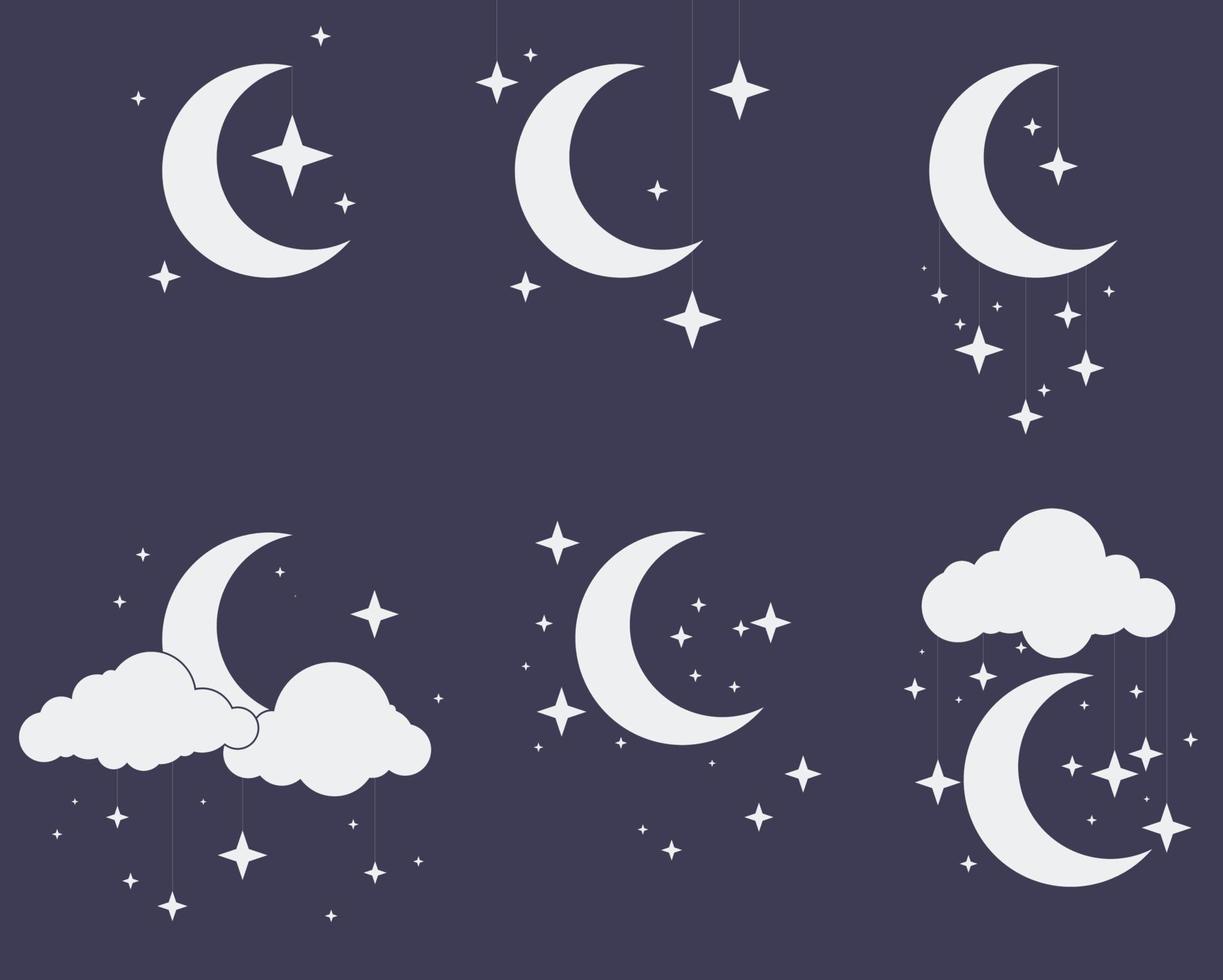 enkel elegant halvmåne måne uppsättning med stjärnor och moln ikon för dekoration vektor illustration eps10