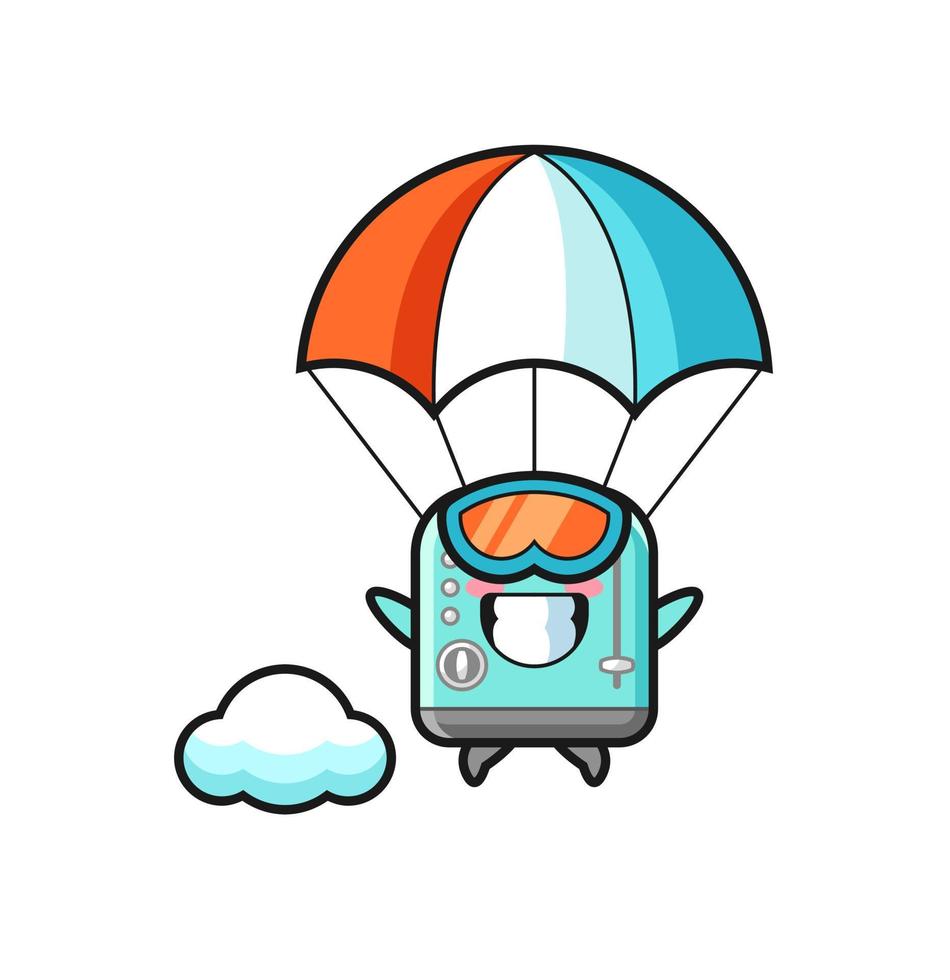 brödrost maskot tecknad serie är fallskärmshoppning med Lycklig gest vektor