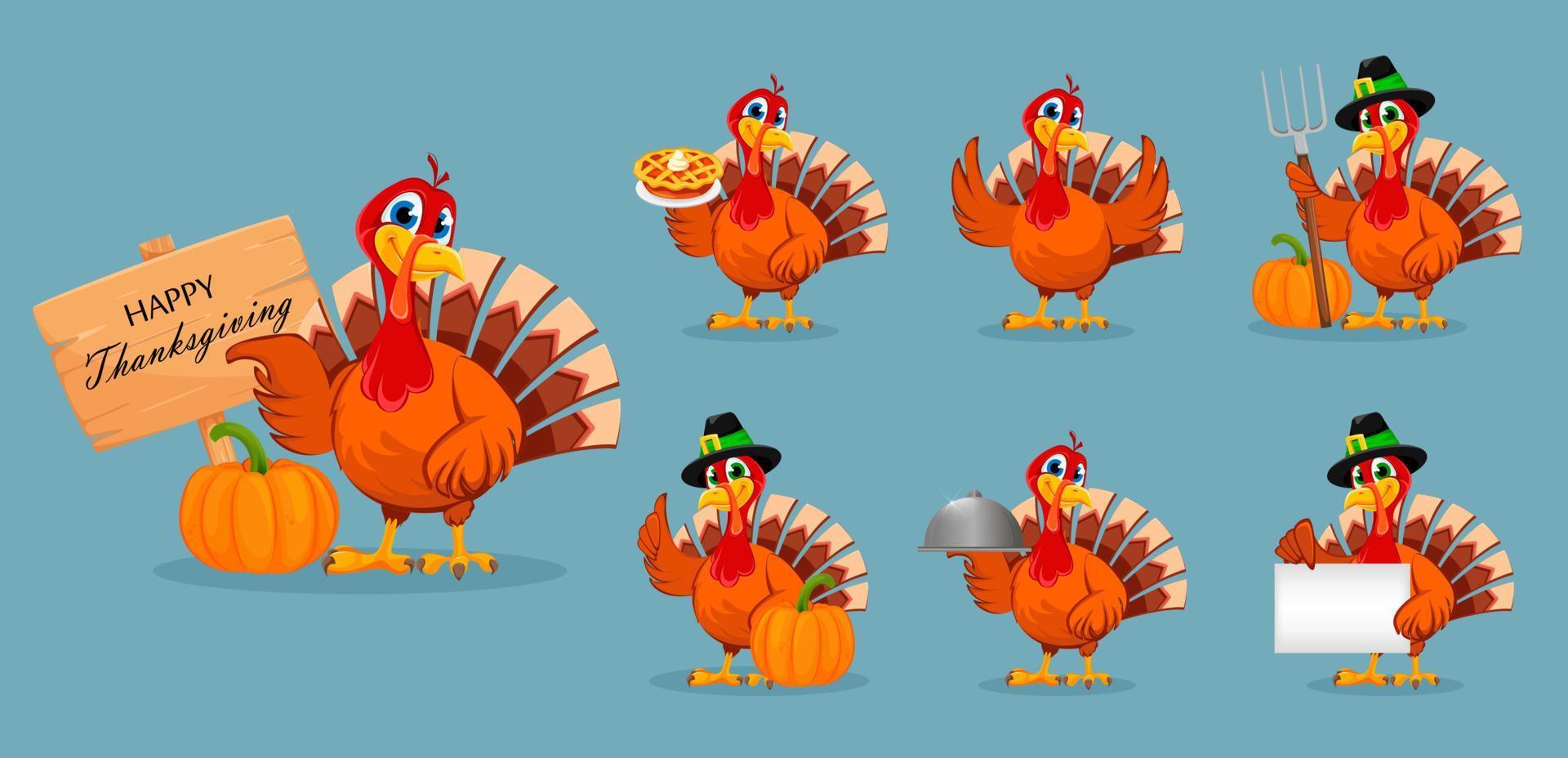 Thanksgiving-Truthahn, Set aus sieben Posen vektor