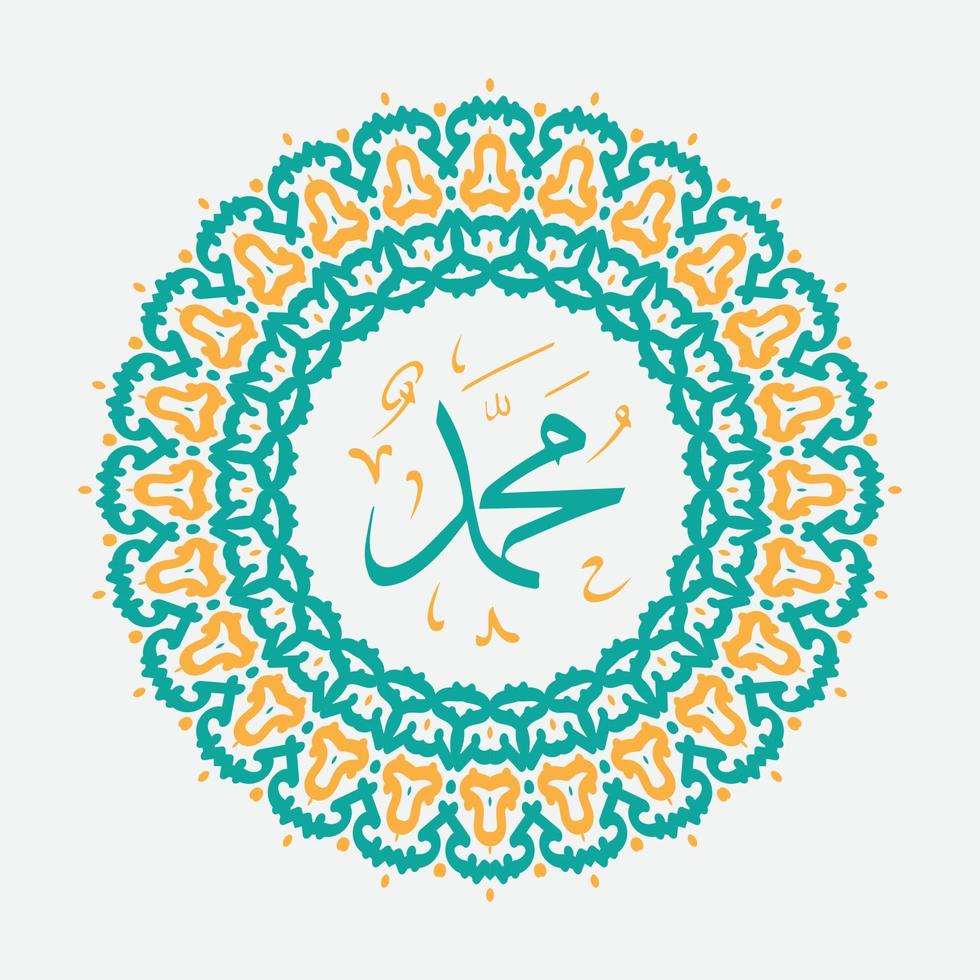 mawlid al nabi oder al mawlid al nabawi grußkarte mit kreisrahmen, alle arabischen kalligraphietexte bedeuten den geburtstag des propheten muhammads, friede sei mit ihm vektor