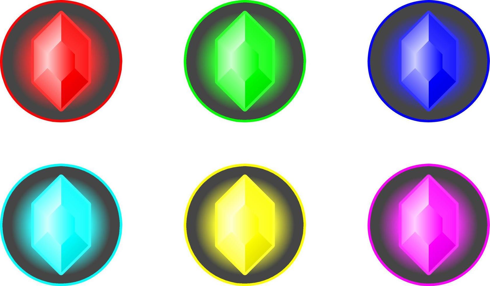 skinande sexhörning kristall ädelsten uppsättning. röd grön blå cyan gul magenta ädelsten för logotyp, ikon, tecken, symbol eller Artikel spel. skinande rubin, smaragd, diamant, safir vektor