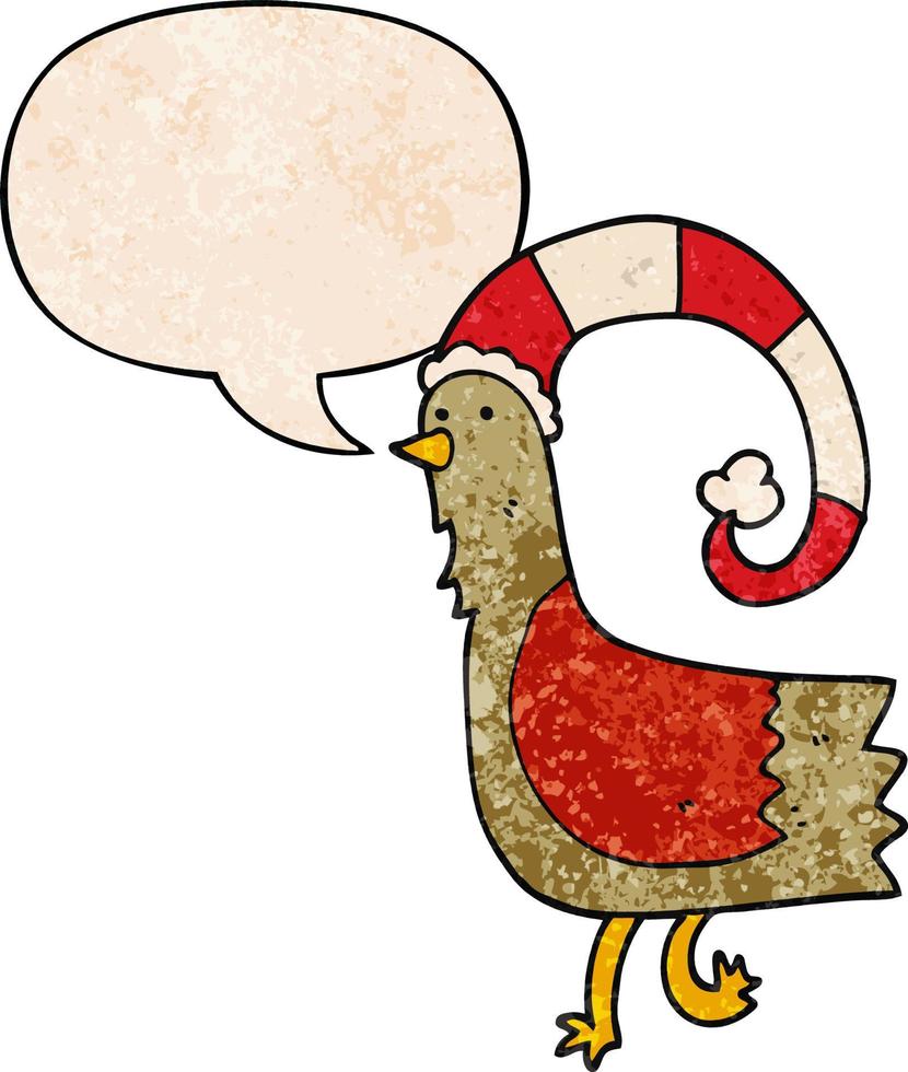karoton kyckling i rolig jul hatt och Tal bubbla i retro textur stil vektor