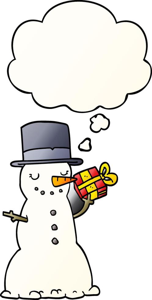 tecknad serie jul snögubbe och trodde bubbla i slät lutning stil vektor