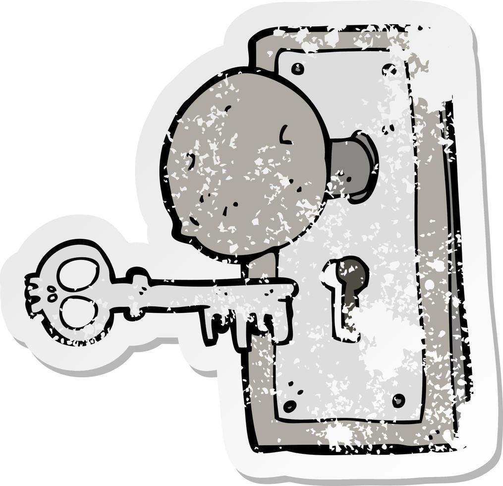 retro bedrövad klistermärke av en tecknad serie läskigt gammal dörr knopp vektor