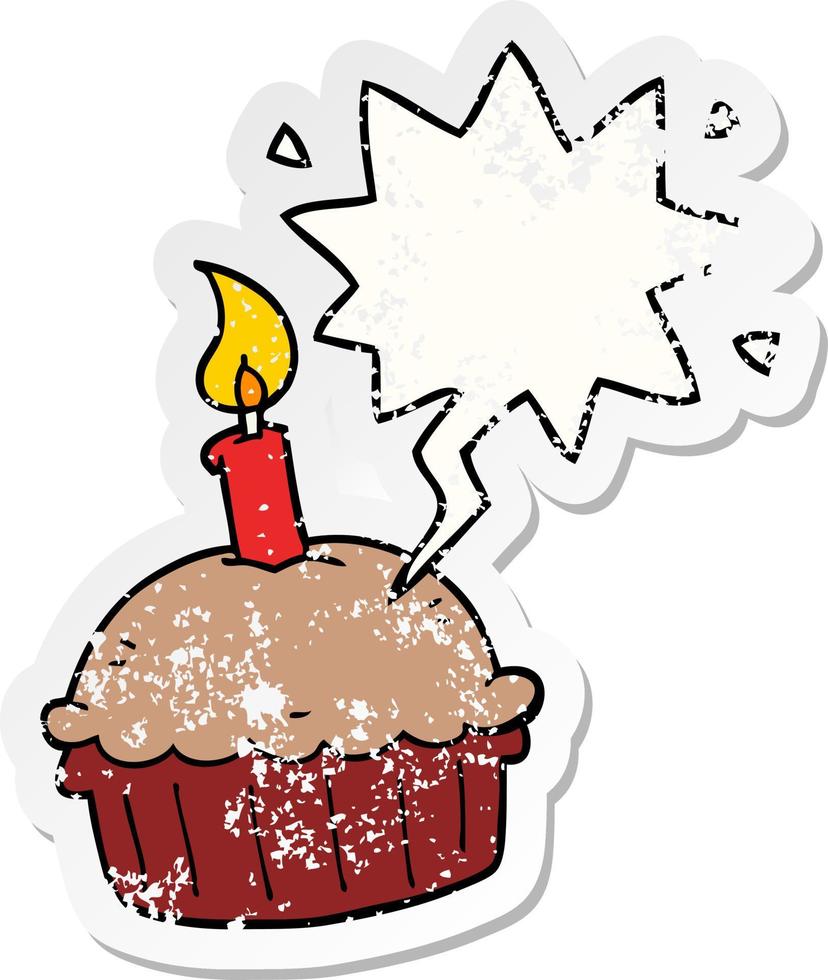 tecknad födelsedag cupcake och pratbubbla nödställda klistermärke vektor