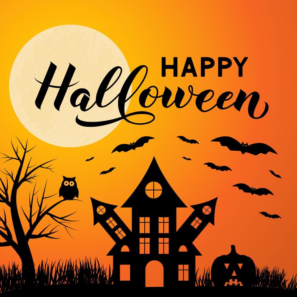 halloween natt vektor illustration med full måne läskigt besatt hus, Uggla, pumpor, fladdermöss och kalligrafi hand text. lätt till redigera mall för hälsning kort, baner, affisch, fest inbjudan.