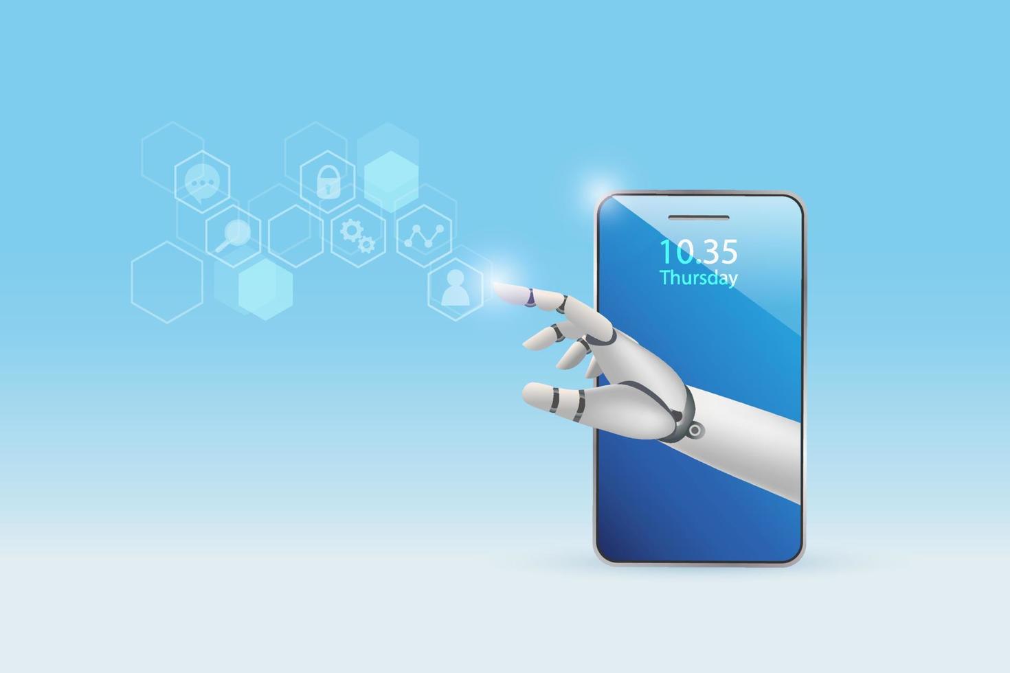 Roboterhand vom Smartphone, die Verbindungssymbole für soziale Netzwerke berührt. Innovationstechnologie der künstlichen Intelligenz in der sozialen Kommunikation, digitale Online-Schnittstelle. vektor