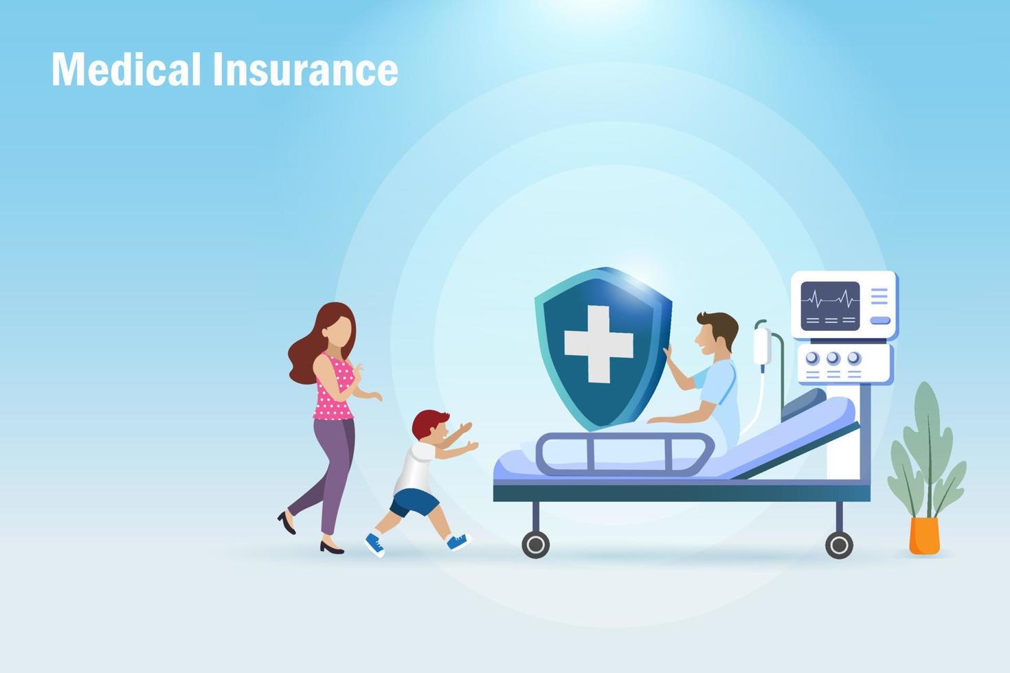 medicinsk och hälsa försäkring skydd. Lycklig familj i sjukhus säng med medicinsk försäkring skydda till Stöd medicinsk kirurgi kostnader och sjukhus räkningen. vektor