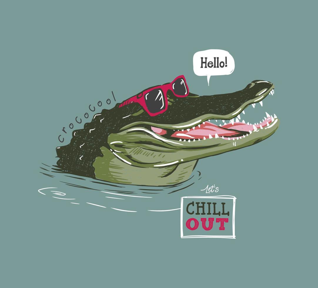 Häftigt tecknad serie krokodil med solglasögon vektor hand dragen illustration