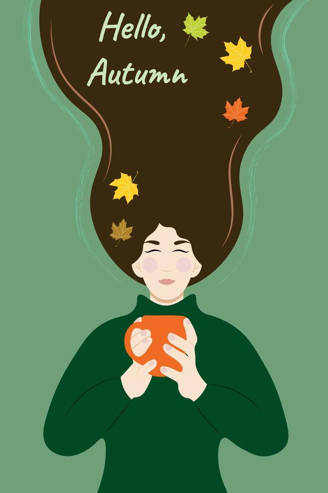 Ein Mädchen mit langen dunklen Haaren mit einer Tasse in den Händen auf grünem Hintergrund, die Aufschrift Hallo Herbst, flacher Vektor, Herbstblätter, Herbstfarben, Herbststimmung vektor