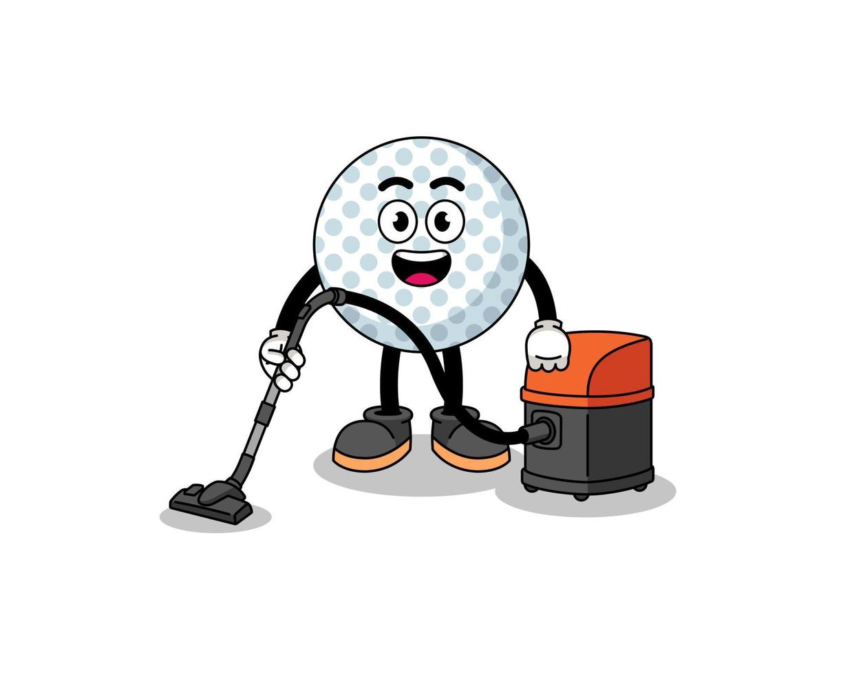 karaktär maskot av golf boll innehav Vakuum rengöringsmedel vektor